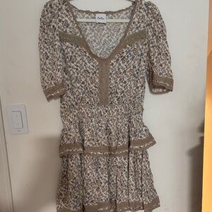 Beige and Blue Floral Tiered Dress